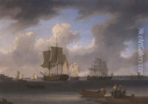 A Three-master And Other Ships On The Thames At Millwall With Colliers Moored In The Middle Of The River Oil Painting - William Anderson