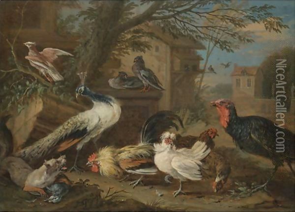 A Farmyard Still Life With A Peacock, Pigeons, Cockerels, And A Fox Oil Painting - Adriaen de Gryef