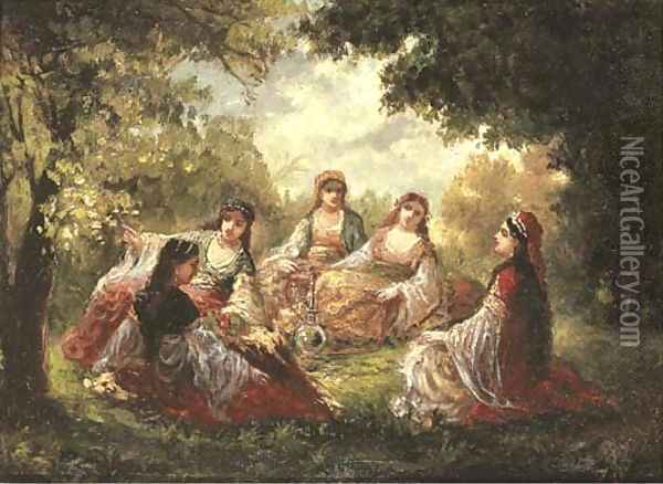 Cinq orientales fumant le narguile sous les arbres dans un jardin Oil Painting - Narcisse-Virgile Diaz de la Pena
