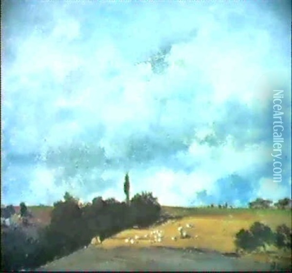 Voralpenlandschaft Unter Hohem Bewolktem Himmel, Vorne Auf  Einem Stoppelfeld Schafer Mit Seiner Herde Oil Painting - Adolf Heinrich Lier
