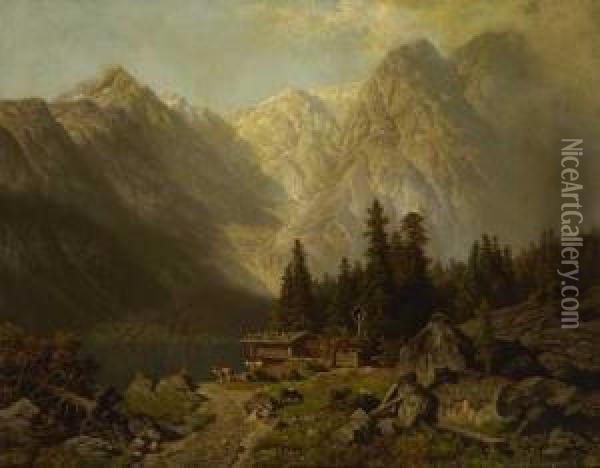 Hirte Mit Herde Am Ufer Eines Gebirgssees. Oil Painting - Wilhelm Theodor Nocken