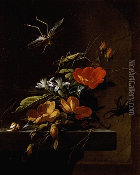 Still Life Of Austrian Briars Arranged Upon A Stone Plinth, With Stag Beetles Oil Painting - Elias van den Broeck