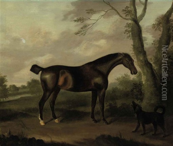 A Bay Hunter In A Landscape With A Dog Oil Painting - Francis Sartorius the Younger