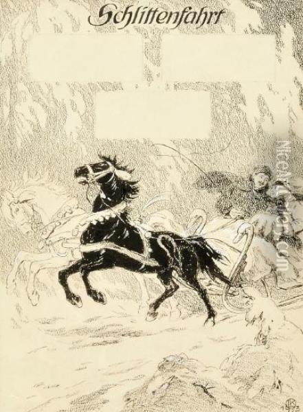 Zwei Pferde, 
Ein Schimmel Und Ein Rappe Ziehen Ein Junges Paar Im Schlitten Oil Painting - Leo Kainradl