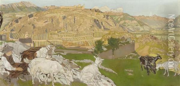 Herdsmanresting On A Mountain Meadow With View Over Sion Oil Painting - Raphy Dalleves