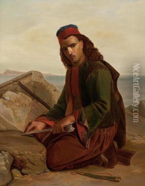 A Greek Soldier Hones His Dagger Oil Painting - Niels Simonsen