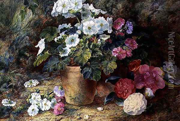 A Still Life of Pelargoniums in a Pot with Camellias Oil Painting - George Clare