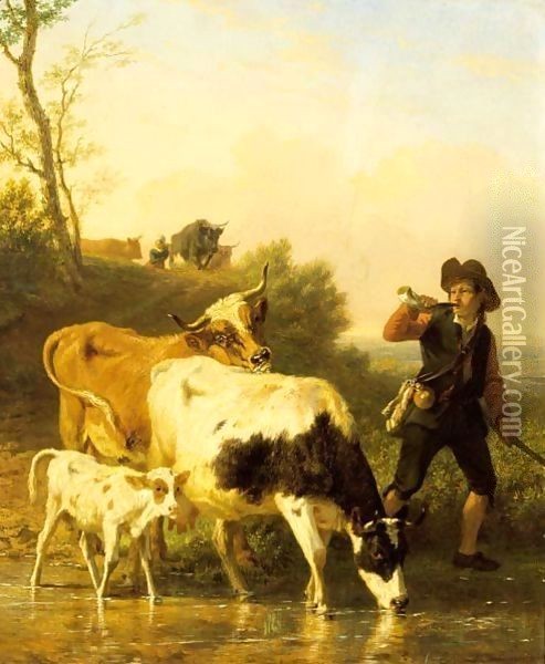 Tending The Herd Oil Painting - Edmond Jean Baptiste Tschaggeny