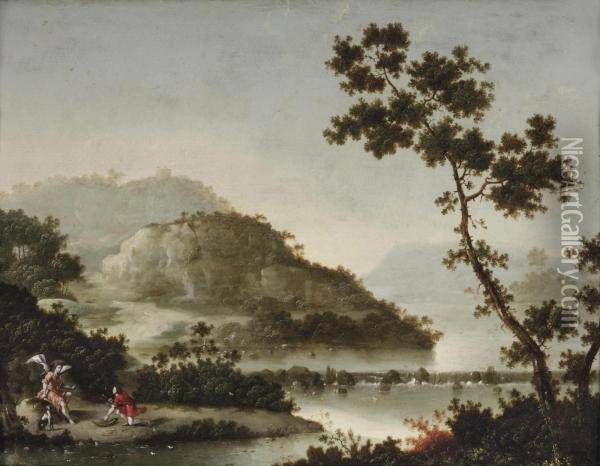 A Hilly River Landscape With Tobias And The Archangel Raphael Oil Painting - Pseudo-Moucheron