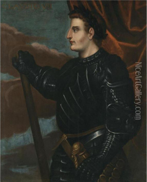 Portrait Of The Emperor 
Claudius, Three-quarter Length, Standing In Profile, Wearing Black 
Armour Oil Painting - Bernardino Campi