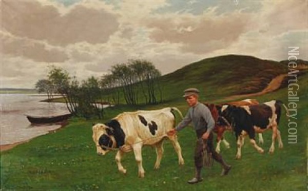 A Boy Pulls The Bull Calves On Grass Oil Painting - Poul Steffensen