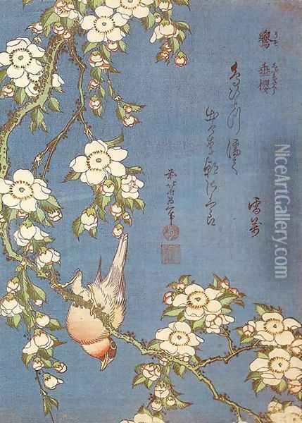 Weeping Cherry and Bullfinch Oil Painting - Katsushika Hokusai