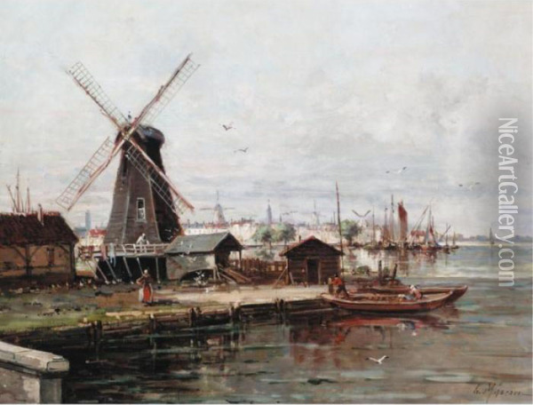 Canal Scene With Windmill Oil Painting - Gustave Mascart