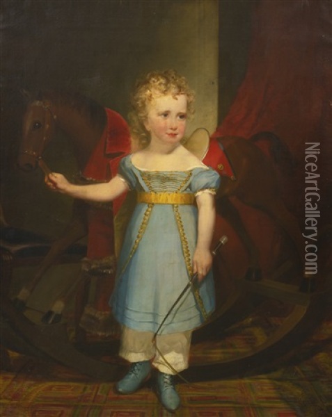 Portrait Of A Blond Curly-haired Boy With A Rocking Horse: Quincy Adams Shaw As A Boy Oil Painting - Francis Alexander