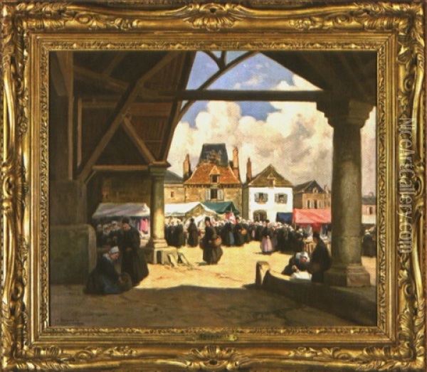 La Place Du Marche Du Faouet Vue Des Halles Oil Painting - Henri Alphonse Barnoin