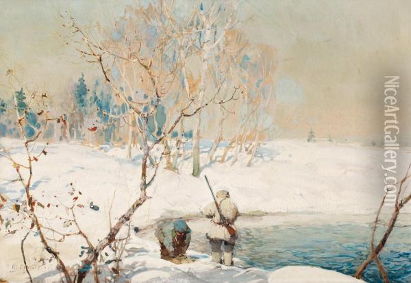 Jagare I Vinterlandskap Oil Painting - Ivan Feodorovich Kolesnikov