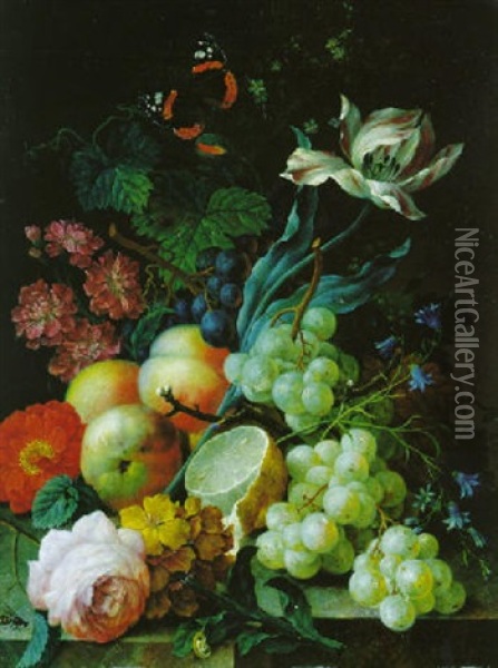 Blumen- Und Fruchtestilleben Oil Painting - Johann Baptist Drechsler