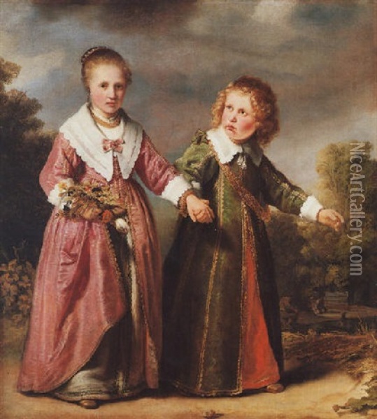 A Double Portrait Of A Young Girl Holding A Posy Of Flowers And A Young Boy In A Wooded Landscape Oil Painting - Ferdinand Bol