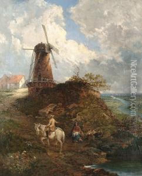 Figures Before A Windmill Oil Painting - John Holland