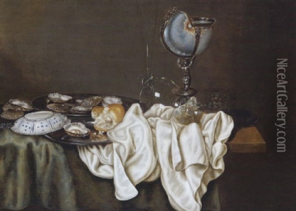 Stilleben Mit Austern, Einem Nautiluspokal, Einer Chinaporzellanschale Und Glasern Oil Painting - Gerrit Willemsz. Heda