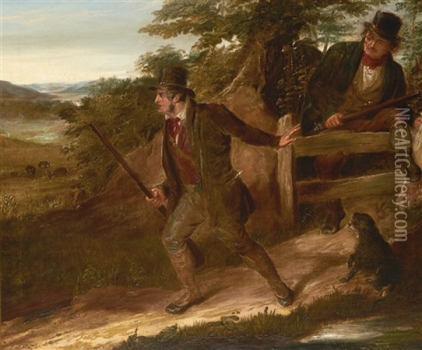 Poachers Climbing Over A Stile Oil Painting - Richard Ansdell