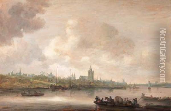 A View Of Arnhem With Fishermen In Rowing Boats In Theforeground Oil Painting - Jan van Goyen