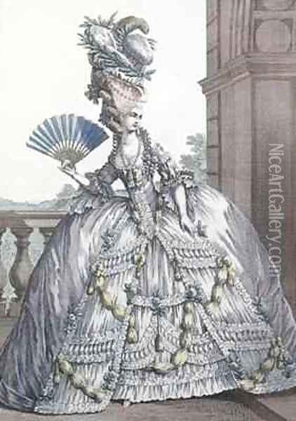 Woman wearing a stylish dress with her hair A la Victoire Oil Painting - Claude Louis Desrais