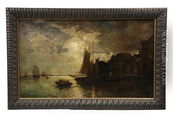 European Harbor In Moonlight Oil Painting - J. Warren Sheppard