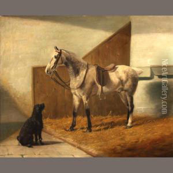 A Hunter And Dog In A Stable Oil Painting - Adrian Jones
