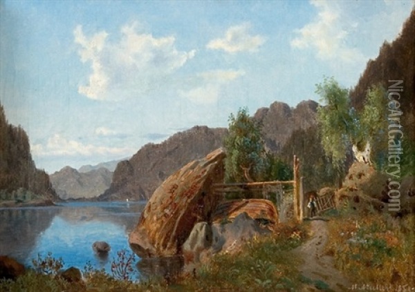 Fjordlandskap Med Mann Og Bat Oil Painting - Morten Mueller