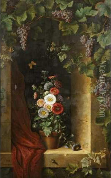 Pot De Dahl Oil Painting - Ange Louis Guillaume Lesourd De Beauregard