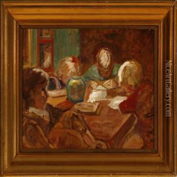 Reading Children Oil Painting - Ludvig Find