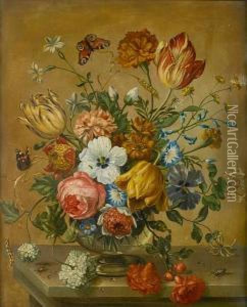 Tulips, Roses And Other Flowers In A Vase Oil Painting - Nicolas Baudesson