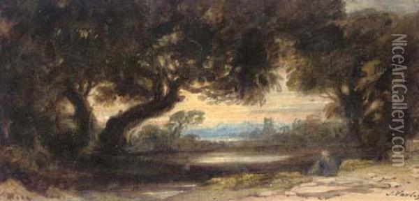 A Figure Beside A Wooded Pool With A Church In The Distance Oil Painting - John Varley