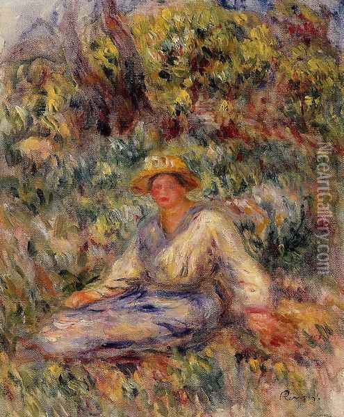 Woman in Blue in a Landscape Oil Painting - Pierre Auguste Renoir