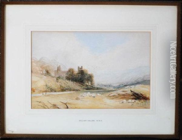 A River Landscape With Castle Oil Painting - William Callow