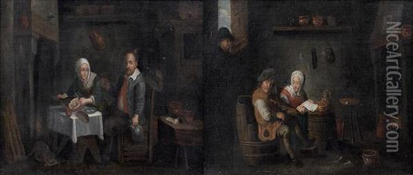 Couple De Paysans Attables Devant Une Cheminee Oil Painting - David The Younger Teniers