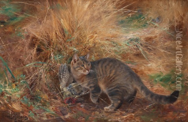 Cat With European Green Woodpecker Oil Painting - Bruno Liljefors