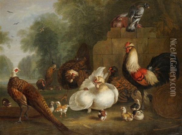 Hens, Chicks, Cockerel And Other Wild Fowl Beside A Ruined Wall Oil Painting - Marmaduke Cradock