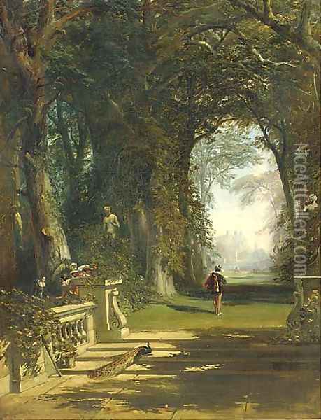 Cavaliers in a wooded avenue, a country house beyond Oil Painting - James Digman Wingfield