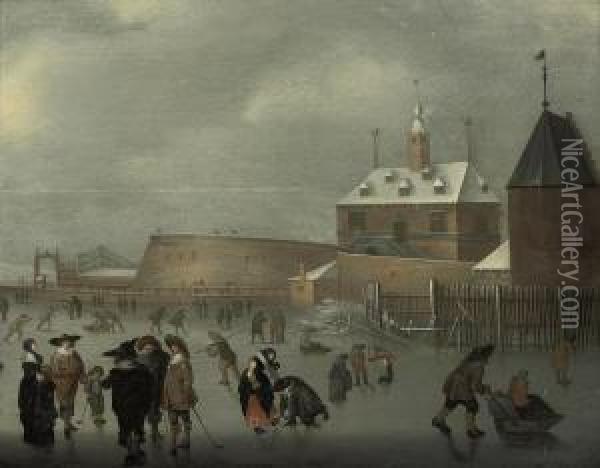 A Winter Landscape With Skaters 
And Kolf Players On The Ice, A House And A Viewing Point Beyond Oil Painting - Hendrick Avercamp