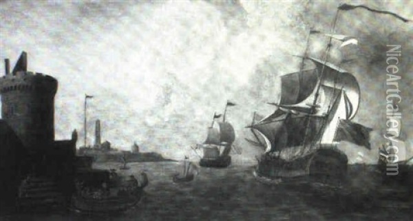 Two Man-o-wars And Other Vessels Off A Harbour Fort Oil Painting - Adriaen Van Der Cabel