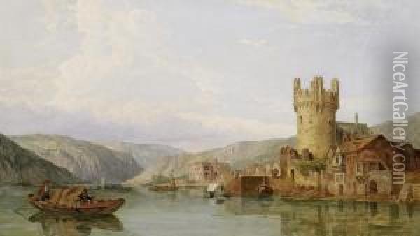 View Of Rhine From The Rudesheimer Altstadt With The Adlerturm Oil Painting - George Clarkson Stanfield