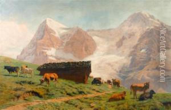 Cows In A Meadow Before The Eiger And Jungfrau. Oil Painting - Albert Lugardon