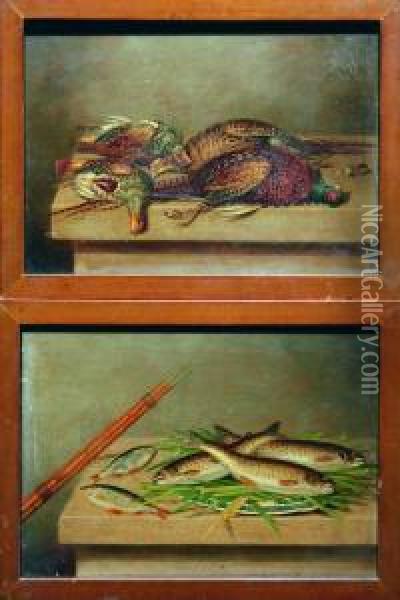 Still Life Of Pheasant And Grouse; Still Life Of Trout And Roach Oil Painting - George Stevens