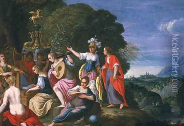 Athene and the Nine Muses at the Wells of Hipokrene Oil Painting - Johann Konig