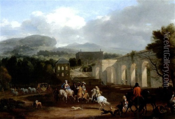 Vor Der Jagd - Vornehme Gesellschaft Mit Pferden Und Hunden, Im Hintergrund Eine Italienische Villa Oil Painting - Jan van Huchtenburg