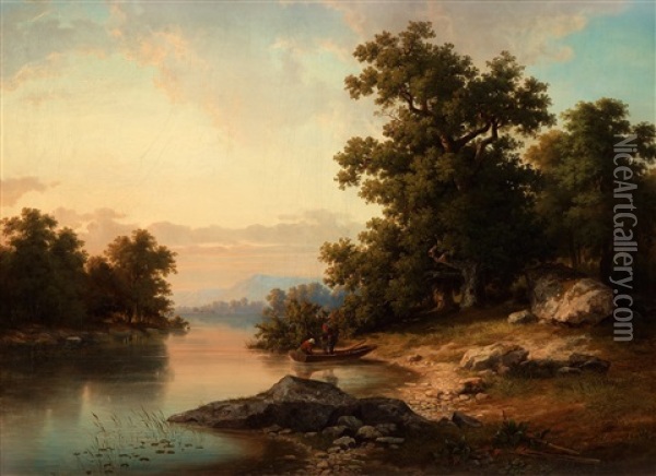 River Landscape With Figures Oil Painting - Edward (Johan-Edvard) Bergh