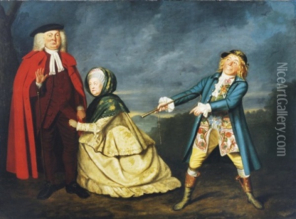 Edward Shuter As Mr. Hardcastle, Jane Green As Mrs. Hardcastle And John Quick As Tony Lumpkin, In The Play She Stoops To Conquer By Oliver Goldsmith Oil Painting - Thomas Parkinson