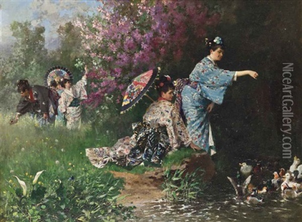 In A Japanese Garden Oil Painting - Philippe Jacques Linder